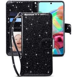 CHICASE Case for Galaxy A71 5G[NOT fit A71 5G UW/A71 4G],Flip Glitter Bling Cute Leather Wallet[Kickstand][Card Slots][Wrist Strap] Shockproof Protective Phone Cover for Samsung Galaxy A71 5G(Black)