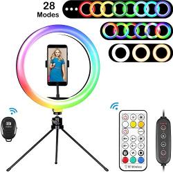 Selfie Ring Light with Stand, 10 inch 28 Color RGB Circle Light with Wireless Remote Control, LED Desk Ringlight with Tripod and Phone Holder for YouTube Video, Makeup, Live Stream, Photography