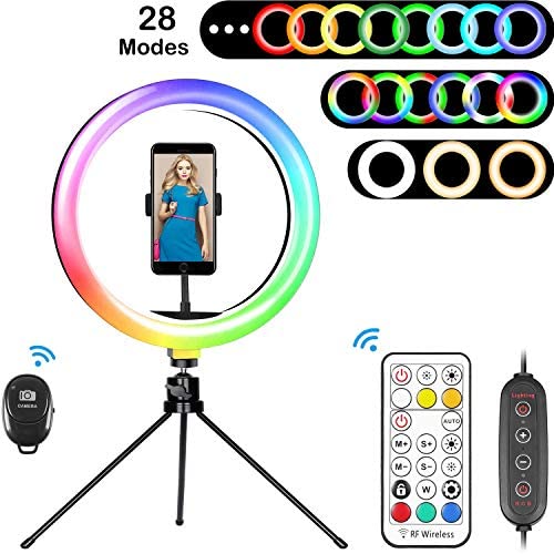 Selfie Ring Light with Stand, 10 inch 28 Color RGB Circle Light with Wireless Remote Control, LED Desk Ringlight with Tripod and Phone Holder for YouTube Video, Makeup, Live Stream, Photography