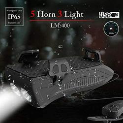 4-In-1 Bike Headlight, BessieSparks - Bicycle Horn, Phone Holder, USB Rechargeable Power Bank, Waterproof Adjustable Shock-Absorbing with LED Light & Horn, for 4 to 6.6 inches Phone