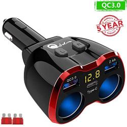 Cigarette Lighter Splitter QC 3.0, 2-Socket USB C Car Charger Adapter Type C Multi Power Outlet 12V/24V 80W DC with LED Voltmeter Switch Dual USB Port for iPhone GPS Dashcam iPad Android Samsung