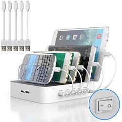 Charging Station for Multiple Devices MSTJRY 5 Port Multi USB Charger Station with Power Switch for Cell Phone Tablets (White, 5 Mixed Short Cables Included)