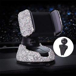 Car Phone Holder Adjustable Universal Bling Strong Sticky Dashboard Air Vent Base Car Air Vent Phone Mount Dashboard Cell Phone Holder Diamond Suction Cup Holder (White)