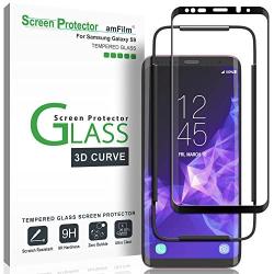 amFilm Glass Screen Protector for Samsung Galaxy S9, 3D Curved Tempered Glass, Dot Matrix with Easy Installation Tray, Case Friendly (Black)