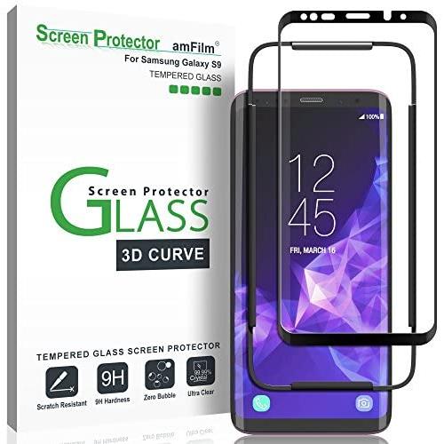 amFilm Glass Screen Protector for Samsung Galaxy S9, 3D Curved Tempered Glass, Dot Matrix with Easy Installation Tray, Case Friendly (Black)