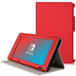 Valkit Protective Case Cover for Nintendo Switch 2017, Comfortable Soft TPU Grip Case and Ergonomic Anti-Scratch Shock-Absorption Cover with Leather Smart Cover,Red
