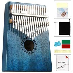 Kalimba Thumb Piano 17 Keys with mahogany Wood Portable Mbira Finger Piano Gifts for Kids and piano Beginners Professional （Bright blue）