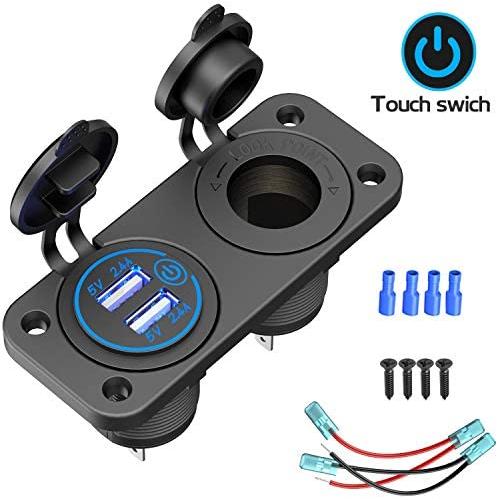 (2 in 1) Qidoe Cigarette Lighter Socket Splitter, 12V/24V Dual 2.4A USB Socket Outlet, Waterproof Detachable USB Charger with Touch Switch and Soft Blue LED for Car Boat Marine Motorcycle Golf Cart