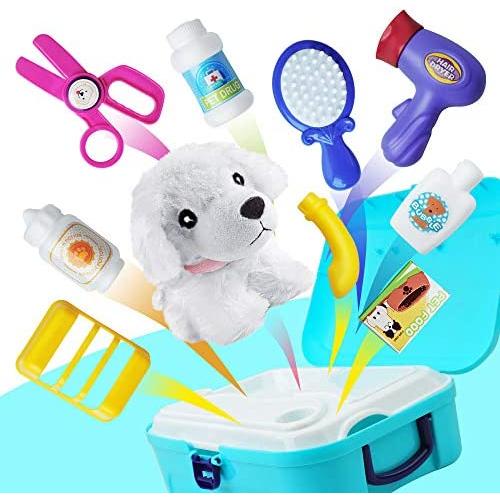 Gizmovine Gifts for 2 3 4 5 Year Old Girls, Toys for Kids Dog Grooming Doctor Kit, Pet Care Play Set Pretend Puppy Dog Carrier, Pet Grooming Toy with Case Toys for 2 3 4 5 year old Girls Boys Toddlers