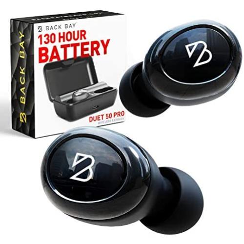 Duet 50 Pro - Wireless Bluetooth Earbuds. 130 Hour Long Battery Life for iPhone, Android. [Featured in Forbes] Phone Charger Mini Power Bank Case, Sweatproof TWS Headphones. aptX Sound for Running