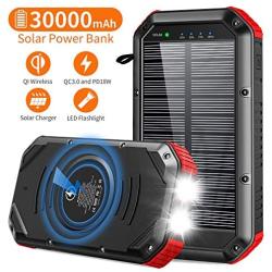 Solar Power Bank 30000mAh, Solar Charger Wireless Portable Charger 18W with 5 Outputs & Type-c Input 4 Lighting Modes Super Bright Flashlight Waterproof Phone Charger for Camping Outdoor