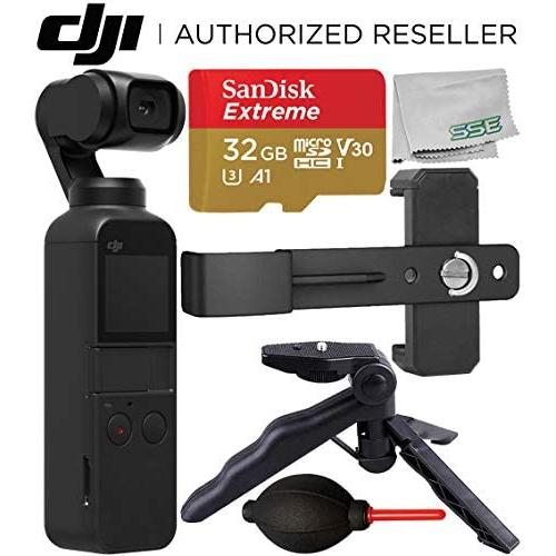 DJI Osmo Pocket Gimbal with Essential Phone Holder Accessory Bundle – Includes: SanDisk Extreme 32GB microSDHC Memory Card + Phone Holder Bracket + Pistol Grip/Tabletop Tripod + Dust Blower + More