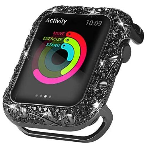 Ritastar for Apple Watch Case 40mm Stainless Steel Protective Bumper Cover Studded with Bling Rhinestones Anti-crack Shockproof Full Protection Protector Embossed with Dressy Rose for iWatch 5 4,Black