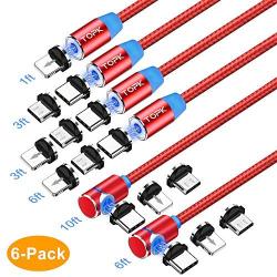 TOPK Magnetic Charging Cable,(6-Pack,1ft/3ft/3ft/6ft/6ft/10ft) Magnetic Phone Charger,3-in-1 USB Magnetic Cable Compatible with Micro USB,Type C and iProducts(Red)