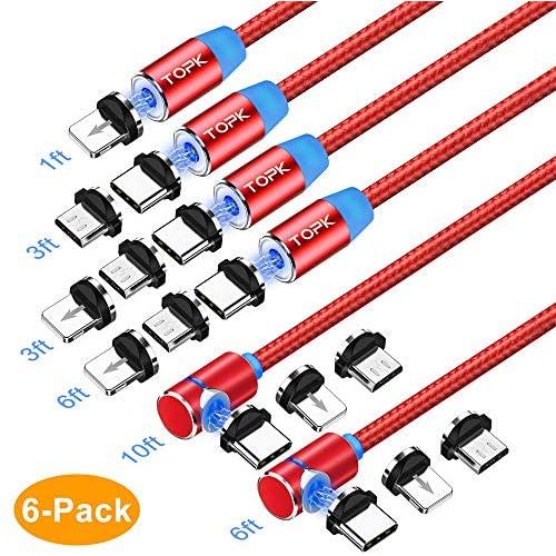 TOPK Magnetic Charging Cable,(6-Pack,1ft/3ft/3ft/6ft/6ft/10ft) Magnetic Phone Charger,3-in-1 USB Magnetic Cable Compatible with Micro USB,Type C and iProducts(Red)