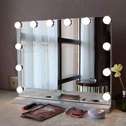 Fenair Makeup Vanity Mirror with Lights USB Outlet for Mobile Phone Hollywood Mirror, 3 Color Modes Cosmetic Mirror, Frameless Tabletop Mirror with Smart Touch Control, 12 Dimmable Bulbs （White）