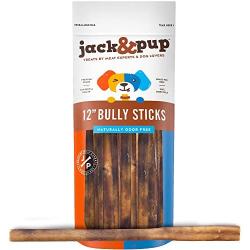 Jack & Pup 12-inch Premium Grade Odor Free Thick Bully Sticks Dog Treats 12” Long All Natural Gourmet Dog Treat Chews Fresh and Savory Beef Flavor – Long Lasting Treat