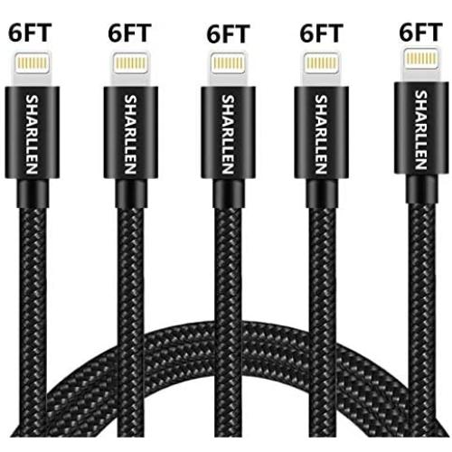 iPhone Cable Lightning Charger Cable 5 Pack 6FT SHARLLEN Nylon Braided iPhone Charging Cord Fast iPhone Data Wire USB iPhone Charging Cable Compatible iPhone 11/XS/MAX/XR/X/8/7/6/iPad/iPod/IOS Black