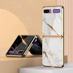 Phone Case Ultra-Thin Back Cover Tempered Glass Shell Electroplated PC Protector Fit for Samsung Galaxy Z Flip Phone Accessories (Gold Thread White)