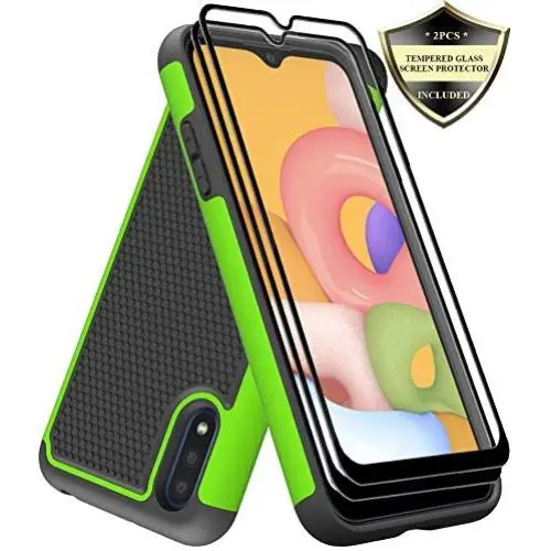 Dahkoiz Galaxy A01 Case with Tempered Glass Screen Protector [2 Pack], Armor Defender Cover Samsung Galaxy A01 Cases Dual Layer Hybrid Protective Phone Case for Samsung Galaxy A01, Green