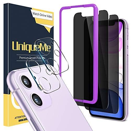 [4 Pack] UniqueMe 2 Pack Privacy Screen Protector for iPhone 11 6.1" and 2 Pack Camera Lens Protector for iPhone 11 Termperd Glass , [Easy Installation Frame] Anti Spy HD Clear [Anti-Scratch] [Bubble Free]