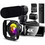 【Full Update】 4K Camcorder Vlogging Video Camera Ultra HD 60FPS Digital Recorder YouTube Camera 2.4G Remote Control IR Night Vision 3.0" IPS Touch Screen with Microphone,Wide Angle Lens,Lens Hood