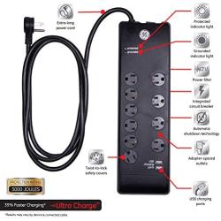 GE UltraPro Surge Protector, 10 Outlet Power Strip, 2 USB Charging Ports, Extra Long 6ft Extension Cord, 3 Prong, Grounded, Flat Plug, 3000 Joules, UL Listed, Black, 14096