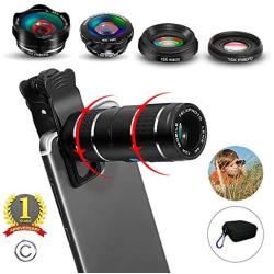 Phone Camera Lens,5 in 1 Cell Phone Lens Kit - 12x Telephoto Lens+4K HD Wide Angle Lens+Fisheye Lens+Macro Lenses（2ps） with Durable Aerospace Aluminum housing for iPhone and More