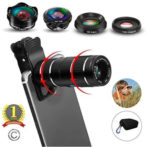 Phone Camera Lens,5 in 1 Cell Phone Lens Kit - 12x Telephoto Lens+4K HD Wide Angle Lens+Fisheye Lens+Macro Lenses(2ps) with Durable Aerospace Aluminum housing for iPhone and More Phone Camera Lens,5 in 1 Cell Phone Lens Kit - 12x Telephoto Lens+4K HD Wide Angle Lens+Fisheye Lens+Macro Lenses(2ps) with Durable Aerospace Aluminum housing for iPhone and More