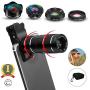Phone Camera Lens,5 in 1 Cell Phone Lens Kit - 12x Telephoto Lens+4K HD Wide Angle Lens+Fisheye Lens+Macro Lenses（2ps） with Durable Aerospace Aluminum housing for iPhone and More