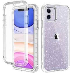 LONTECT for iPhone 11 Case Built-in Screen Protector Glitter Clear Sparkly Bling Rugged Shockproof Hybrid Full Body Protective Case Cover for Apple iPhone 11 6.1 2019, Clear/Silver Glitter