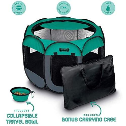 Ruff n Ruffus Portable Foldable Pet Playpen + Carrying Case & Collapsible Travel Bowl | Indoor/Outdoor use | Water Resistant | Removable Shade Cover | Dogs/Cats/Rabbit | Available in 3 Sizes