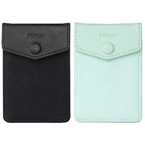 FRIFUN Cell Phone Wallet Ultra-Slim Self Adhesive Credit Card Holder Stick on Wallet Cell Phone Leather Wallet for Smartphones Covers Credit Cards and Cash (Black + Mint) 2 Packs