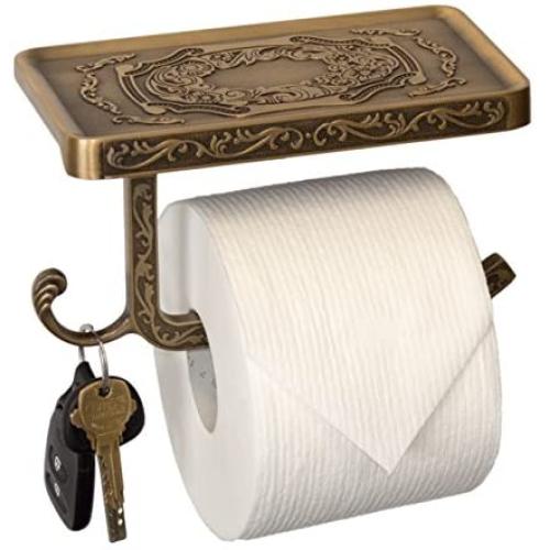 Neater Nest Reversible Bathroom Toilet Paper Holder with Phone Shelf and Hook, Vintage Decor Style (Bronze)