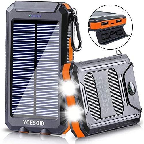 Solar Charger 20000mAh YOESOID Portable Solar Power Bank External Backup Battery Pack Waterproof Solar Phone Charger with Dual USB Ports 2 LED Light Carabiner and Compass for Smartphones