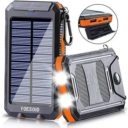 Solar Charger 20000mAh YOESOID Portable Solar Power Bank External Backup Battery Pack Waterproof Solar Phone Charger with Dual USB Ports 2 LED Light Carabiner and Compass for Smartphones Solar Charger 20000mAh YOESOID Portable Solar Power Bank External Backup Battery Pack Waterproof Solar Phone Charger with Dual USB Ports 2 LED Light Carabiner and Compass for Smartphones