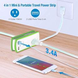 POWERADD Mini Portable Travel Surge Protector Power Strip 2 Outlets with Dual USB Ports 3.4A Wrapped Cord Design - UL Listed