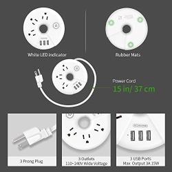 Travel Power Strip, NTONPOWER 3 Outlets 3 USB Portable Desktop Charging Station Short Extension Cord 15 inch for Office, Home, Hotels, Cruise Ship, Nightstand - White