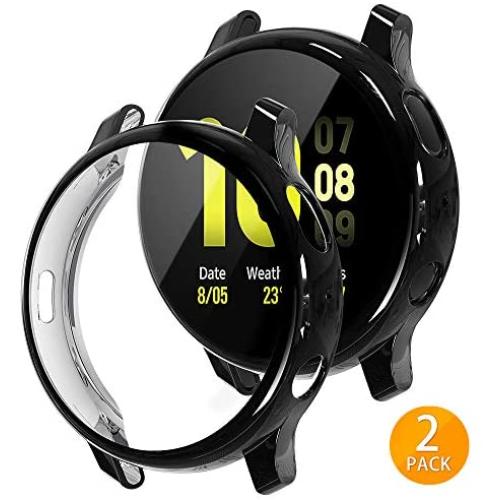 Tensea Compatible with Galaxy Watch Active2 Case 44mm, 2 Packs Soft TPU Bumper Full Around Screen Protector Cover for Samsung Galaxy Watch Active 2 44mm (Black, 44mm)