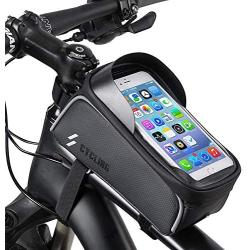 HHD Bike Phone Front Frame Bag - Waterproof Top Tube Cycling Bags Bicycle Phone Bag with Touch Screen Sun Visor Large Capacity Phone Case for Cellphone Below 6.5’’ iPhone 11 8 Plus xs max