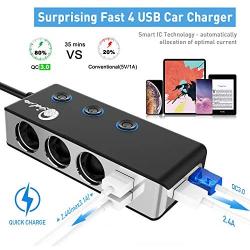 Quick Charge 3.0 Cigarette Lighter Splitter, Qidoe 12V/24V 3-Socket 120W DC Power Car Splitter with LED Voltmeter Power Switch, 8.5A 4 USB Fast Outlets for GPS, Dash Cam, Sat Nav, Phone, iPad, Tablet