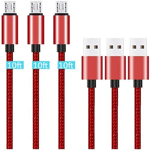 Micro USB Cable 10ft 3Pack by Ailun High Speed 2.0 USB A Male to Micro USB Sync Charging Nylon Braided Cable for Android Phone Charger Cable Tablets Wall and Car Charger Connection Red Micro USB Cable 10ft 3Pack by Ailun High Speed 2.0 USB A Male to Micro USB Sync Charging Nylon Braided Cable for Android Phone Charger Cable Tablets Wall and Car Charger Connection Red
