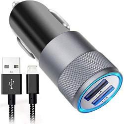 Car Charger, 3.1A Dual USB Car Charger Adapter, PowerDrive 2 Car Phone Chargers Compatible for iPhone XS/MAX/XR/X/8/7/7s/6/6s/5s/se/Plus, iPad, and More with 6ft Nylon Braided Charging Cable
