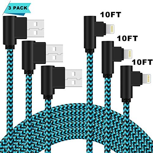 iPhone Charger 10FT Right Angle Long Lightning Cable 90 Degree iPhone Charging Cable for iPhone Xs Max XR X / 8/8 Plus / 7/7 Plus / 6s Plus / 6s / 6 Plus / 5s / 5c / 5se, iPad/iPod (Blue 10FT)