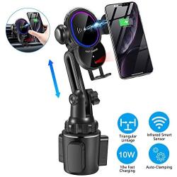 [Upgraded]Cup Phone Holder Wireless Car Charger Mount,WALOTAR Triangle Linkage Infrared Smart Sensing Qi 10W Fast Charging Cell Phone Mount,Universal Adjustable Auto-Clamping Car Phone Air Vent Cradle