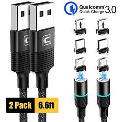 Magnetic Charging Cable, CAFELE 2 Pack Nylon Braided USB 3.A Fast Charging Cord with LED Light, Universal 3 in 1 Magnet Phone Charger Compatible with Micro USB, Type C Devices - Black/6.6ft