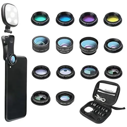Godefa Phone Camera Lens Kit, 14 in 1 Lenses with Selfie Ring Light for iPhone Xs, Xr,8 7 6s Plus, Samsung and other Andriod Smartphone, Universal Clip on Wide angle+Macro+ Zoom Camera Lenses and More Godefa Phone Camera Lens Kit, 14 in 1 Lenses with Selfie Ring Light for iPhone Xs, Xr,8 7 6s Plus, Samsung and other Andriod Smartphone, Universal Clip on Wide angle+Macro+ Zoom Camera Lenses and More