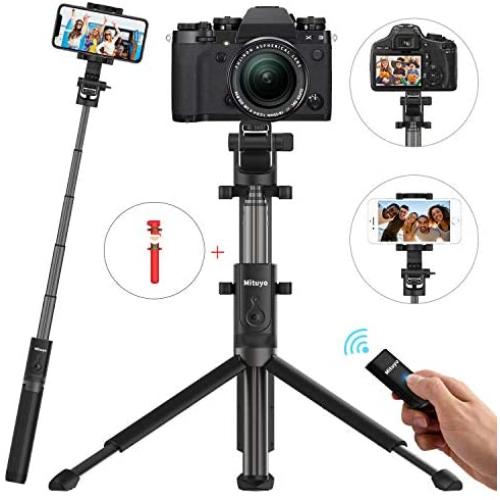 Mituyo Bluetooth Selfie Stick Tripod with Wireless Remote Shutter and Extendable Monopod Compatible with Cameras, iPhone, Samsung, Huawei, Other Smartphones (Black)