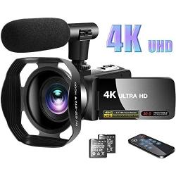 Video Camera 4K Camcorder with Microphone Vlogging Camera YouTube Camera Recorder Ultra HD 30MP 3.0" IPS Touch Screen with Lens Hood & 2 Batteries