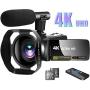 Video Camera 4K Camcorder with Microphone Vlogging Camera YouTube Camera Recorder Ultra HD 30MP 3.0" IPS Touch Screen with Lens Hood & 2 Batteries